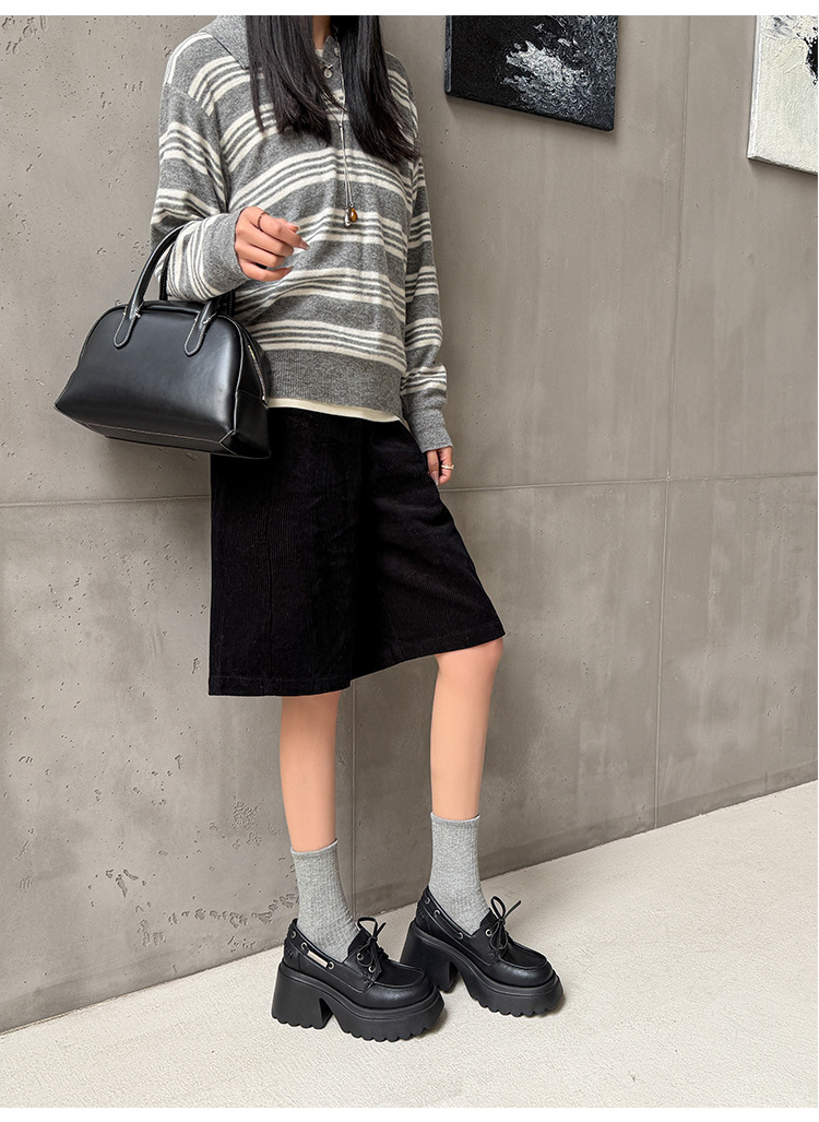 Giày loafer nữ đế xuồng platform dây buộc phong cách Anh quốc – mũi sâu, da bóng, gót 5 cm — Đen (bóng), Đen (mờ) chi tiết 8