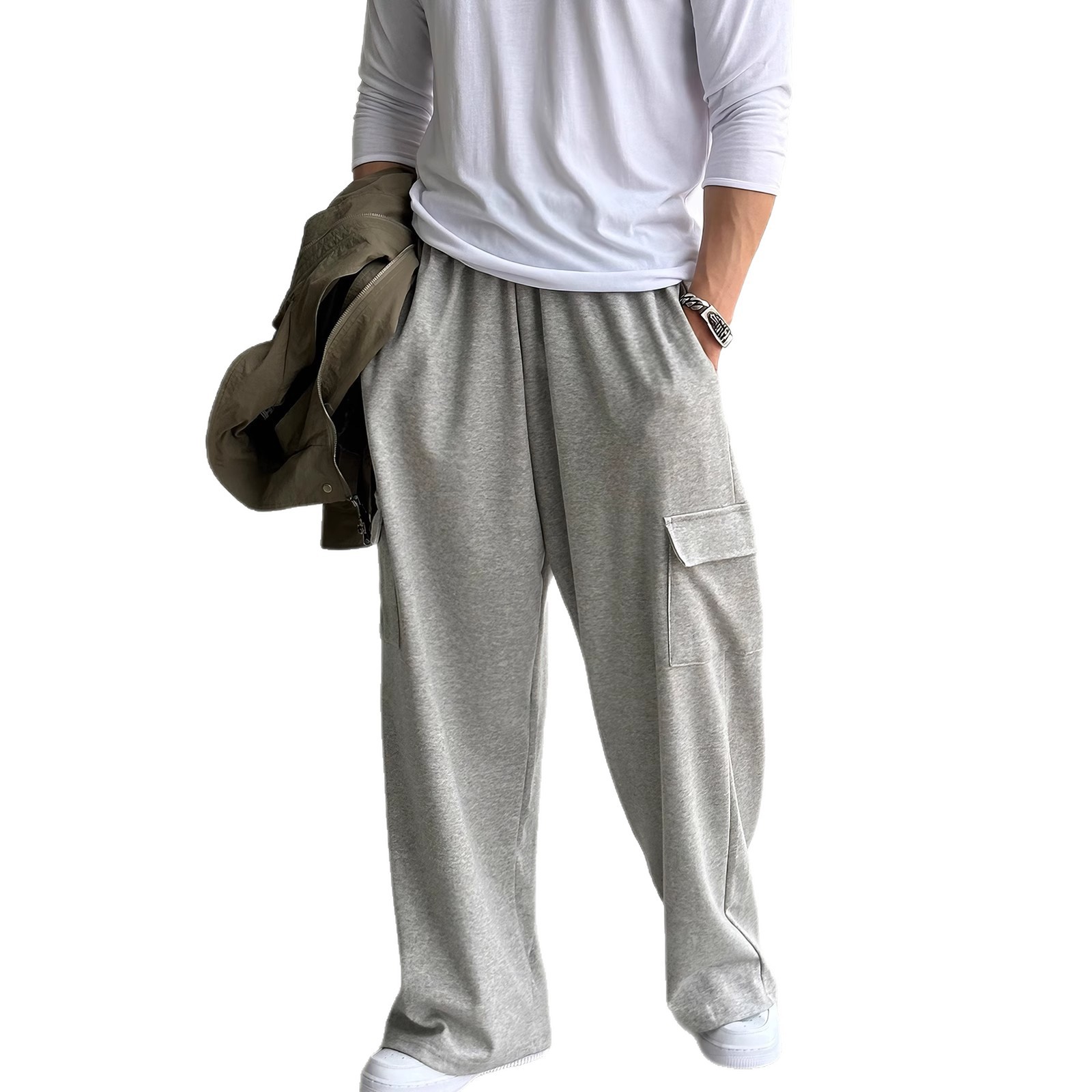 Pantalones de guardia de herramientas grises drapeados Pantalones largos de pierna ancha para hombres Pantalones casuales rectos Tendencia comercial británica Comercio exterior al por mayor transfronterizo