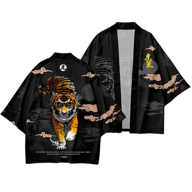 Amazon's new tiger design, Chinese style ukiyo-e, 3D printed three-quarter sleeve Japanese-style Taoist robe shirt, anime merchandise.