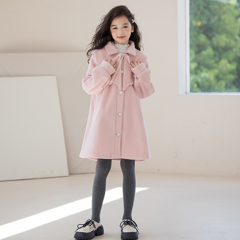 Children's Woolen Coat Mid-length Winter Girls'Clothes Korean Style Woolen Coat For Older Girls Plus Velvet