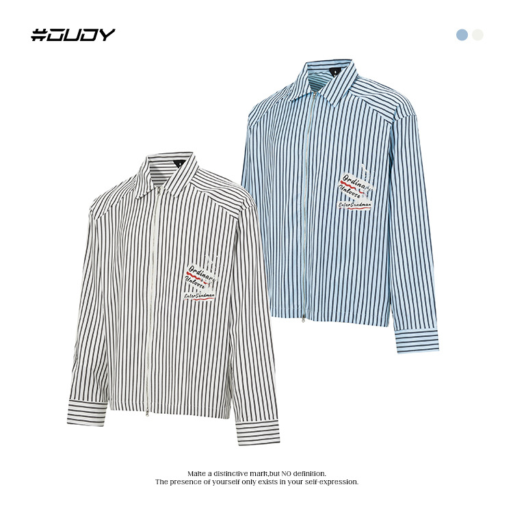 #OVDY 简约cleanfit翻领条纹印花衬衫慵懒风休闲百搭长袖拉链外套
