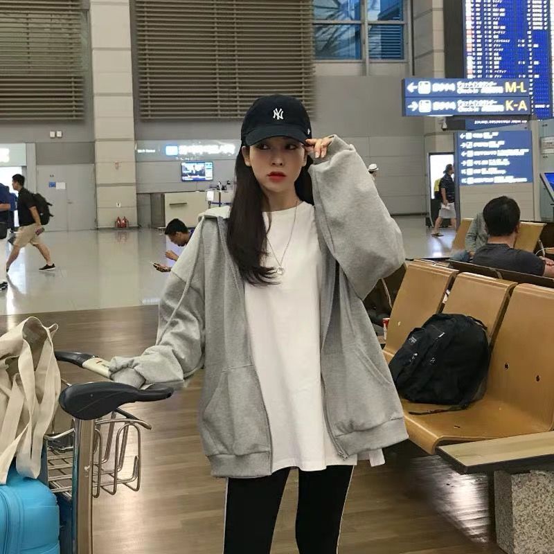 Grey Black Hooded Sweater Women's Thin Jacket Autumn and Winter New Arrival plus size Zipper Cardigan Loose Casual Ins Trendy