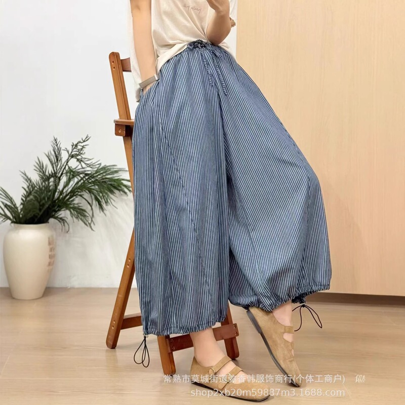 443 New Style Artistic Loose Striped Wide-Leg Pants for Women, Loose Elastic Waist with Drawstring, Casual Pants 443 New Style Artistic Loose Striped Wide-Leg Pants for Women, Loose Elastic Waist with Drawstring, Casual Pants