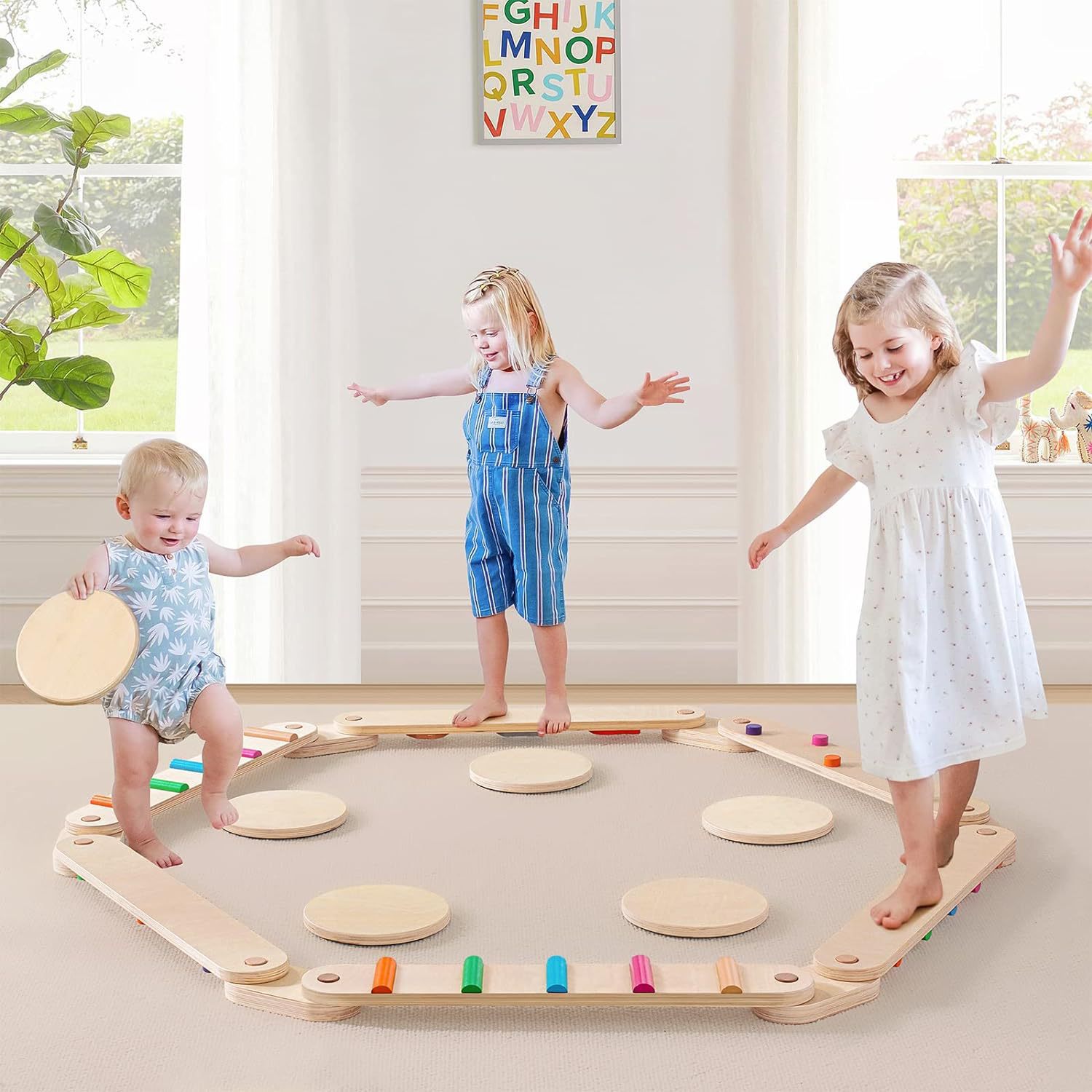 Tablero de equilibrio de madera para niños, conjunto de combinación de entrenamiento de integración sensorial, puente de una sola tabla para interiores y exteriores, barra de equilibrio táctil de pedaleo