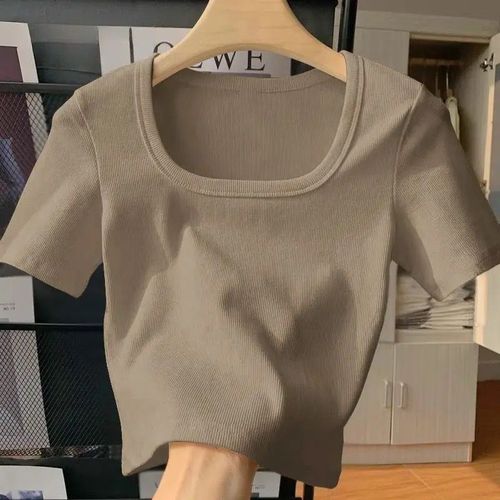 Pure cotton burgundy square collar right shoulder short-sleeved T-shirt for women summer slim fit inner layer short top