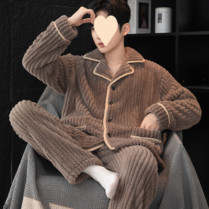 단색 남성용 산호 벨벳 잠옷, 가을, 겨울 긴팔 벨벳 두꺼운 따뜻한 겨울 청년 및 중년 대형 가정복