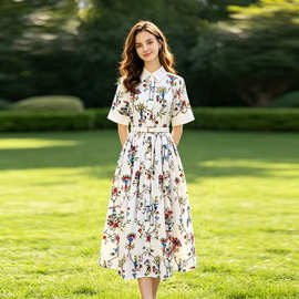 法式2026夏季新款女装翻领短袖收腰花卉印花长款连衣裙女配送腰带