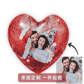 跨境热销独立站个人一件起订心形亮片照片抱枕图片热转印靠枕家居