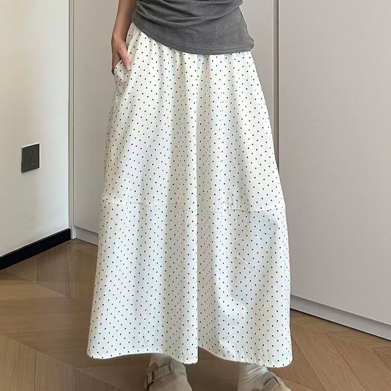 Korean-Style Polka Dot Wide-Leg Skirt Pants for Women, Plus-Size Women's Clothing, Spring Outfit, Elastic Waist, Slimming, Drapey, Casual, Large Hem