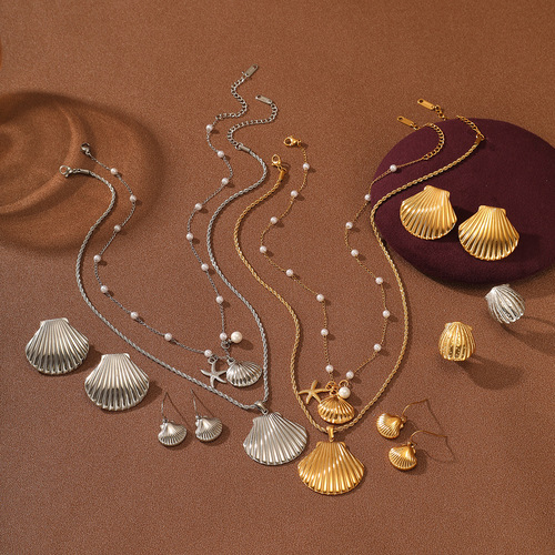 New European and American-style ocean shell pearl titanium steel necklace set—women's fashion, lightweight luxury, and versatile stainless steel pendant
