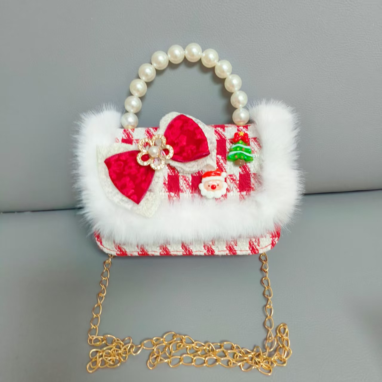 Gran bolso de perla de arco rojo, Santa Claus, bolso de Año Nuevo, cartera de Año Nuevo, hombro, pequeño viento fragante
