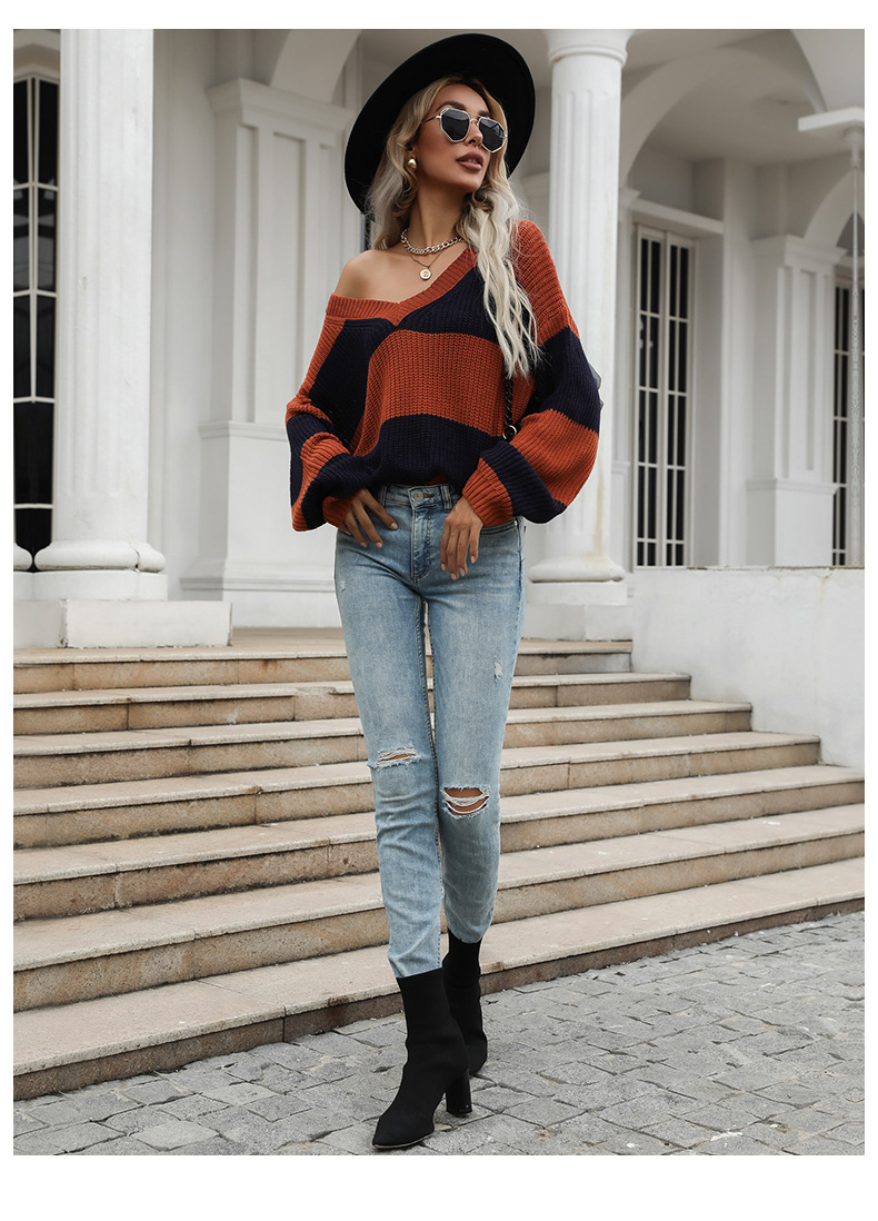 spring and autumn women s v-neck knitting stripes pullover sweater nihaostyles wholesale clothing NSDMB80628