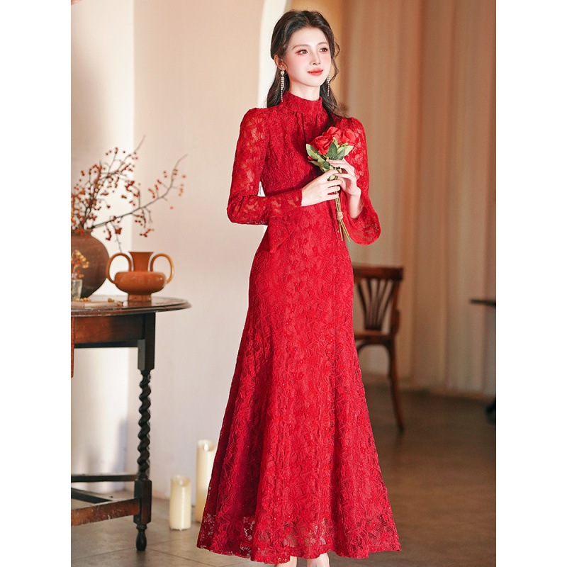 Red Dress Lace Fishtail Dress Women's New Chinese Style Toast Dress Bride Wedding Home Dress High-End Long Dress