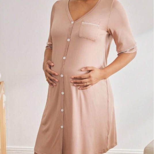 Maternity Nursing Nightgown, Summer Thin Style, Suitable for Pre and Postpartum, V-Neck Buttoned Postpartum Clothing, Loose Nursing Home Dress Maternity Nursing Nightgown, Summer Thin Style, Suitable for Pre and Postpartum, V-Neck Buttoned Postpartum Clothing, Loose Nursing Home Dress