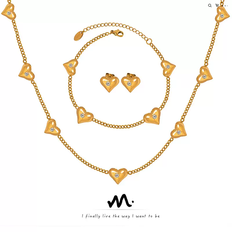 小众清新风格镶锆石桃心项链百搭时尚手链个性设计耳环首饰三件套