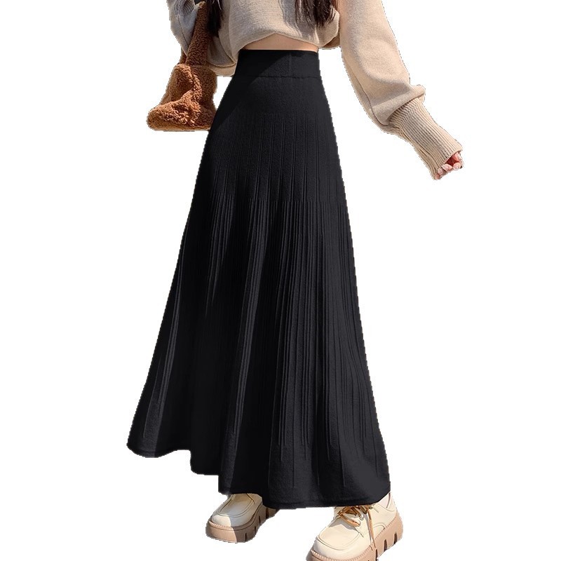秋冬の女性向けデザインニットプリーツスカート、ヒップカバー、着痩せ、ドレープウールアンブレラスカート、Aラインロングスカート|undefined
