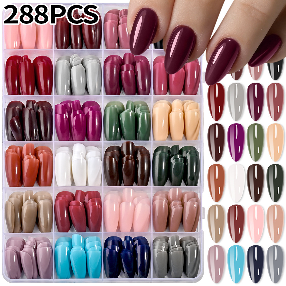 Cross-Border 24-Grid 288Pcs Colorful Almond-Shaped Press-On Nails Solid Color Nail Tips Nail Studio Color Selection Set Nail Tips