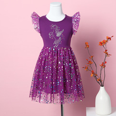 女孩中小童獨角獸印花星星網紗拼接派對棉夏季無袖連衣裙SH1709