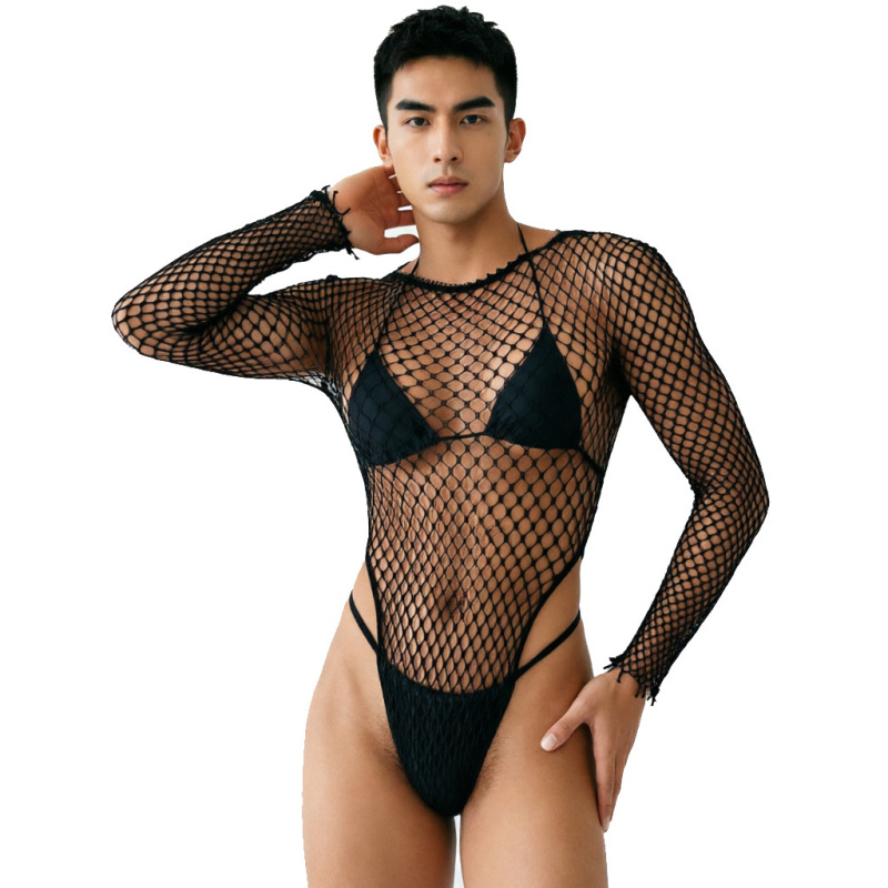 Men's Bikini Stockings, Men's Long-Sleeve Hollow-Out Hip Net Clothing, Ultra-Short Skirt, One-Piece Tight-Fitting Socks, Men's Mesh Top Men's Bikini Stockings, Men's Long-Sleeve Hollow-Out Hip Net Clothing, Ultra-Short Skirt, One-Piece Tight-Fitting Socks, Men's Mesh Top