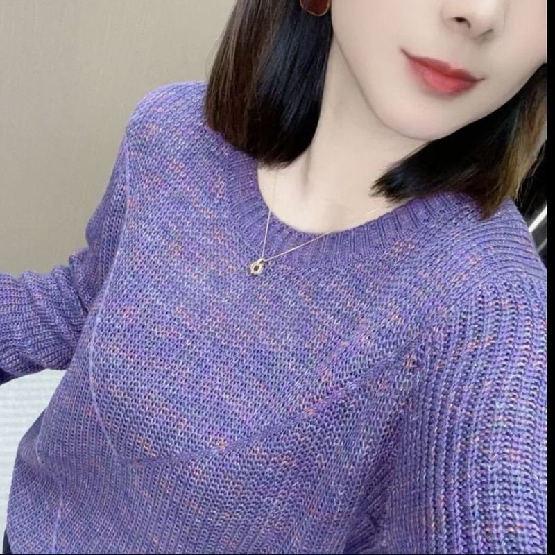 春秋幻彩圆领套头衫女长袖气质百搭宽松显瘦新款针织上衣|undefined