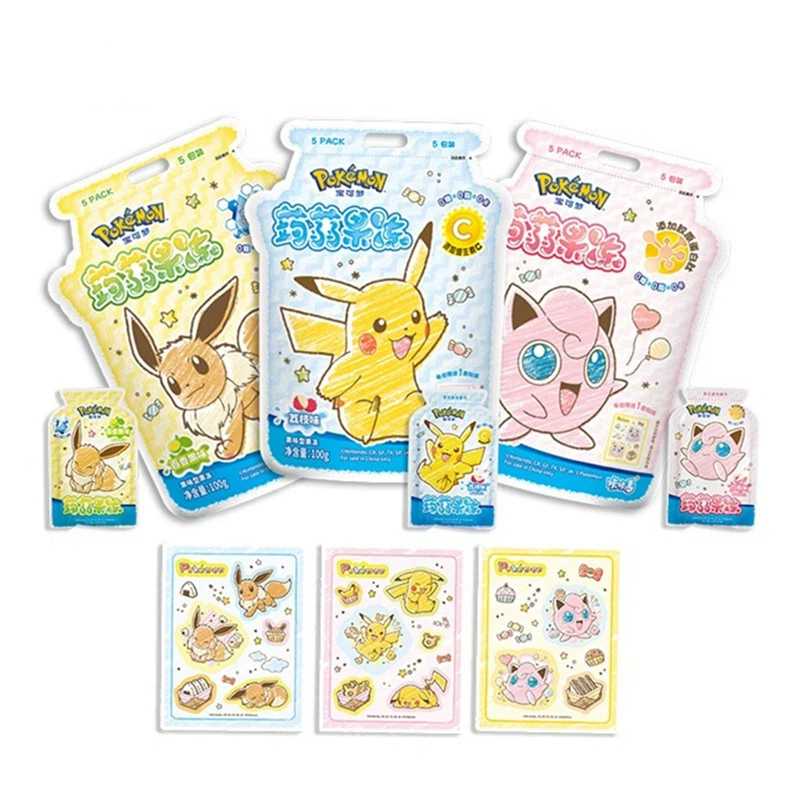 Снэк-пак Pokémon 100 г — стили Pikachu, Jigglypuff, Eevee; наклейки и фруктовая резинка для волос