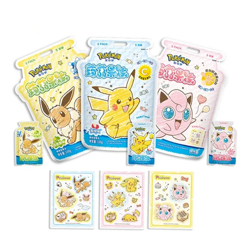 Снэк-пак Pokémon 100 г — стили Pikachu, Jigglypuff, Eevee; наклейки и фруктовая резинка для волос