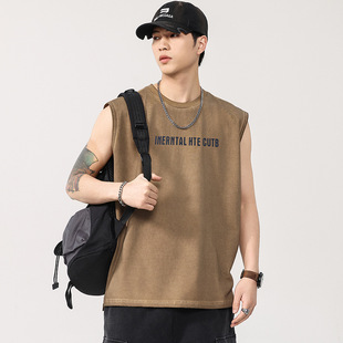 T3970 | plus size men's summer new American retro sleeveless vest loose fried color dirty wash printed T-shirt men