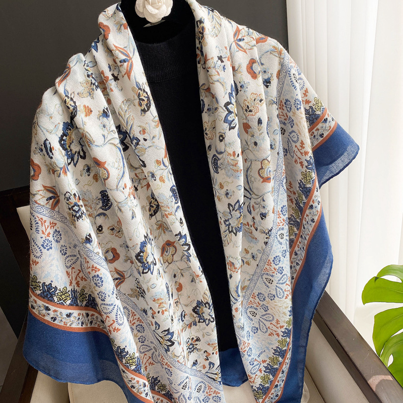 Nueva planta flor impresión decorativa de algodón y lino mano-sensación bufanda cuadrada grande playa protector solar bufanda de seda 135*135cm