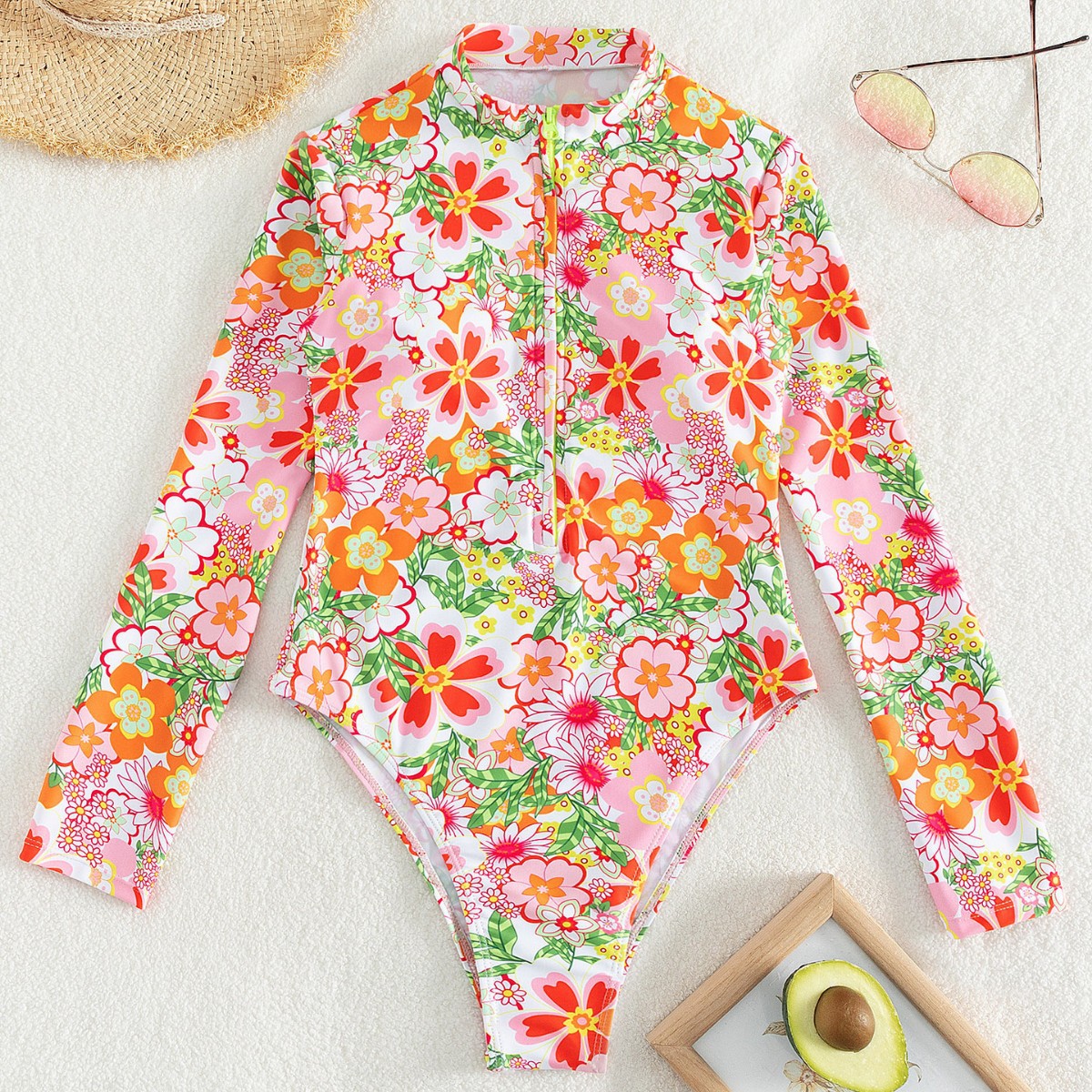 Women's Floral Print One Piece Swimsuit Long Sleeve Zipper Wetsuit Pink American Style Fashionable Bikini_ecoleips.com