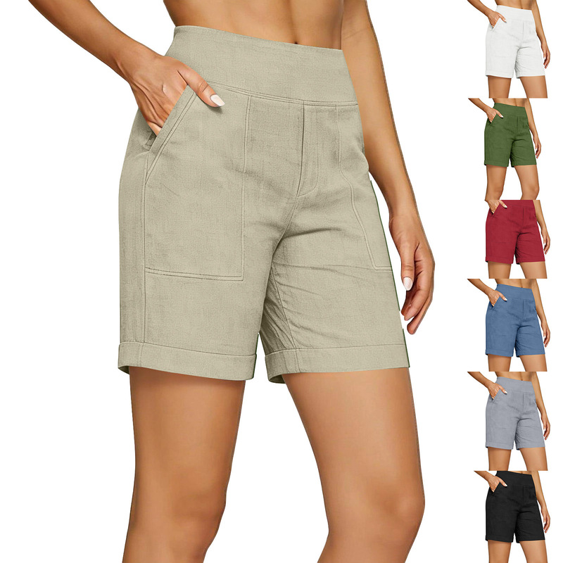 Cross-Border European and American New Style Women's Cotton and Linen Pocket Shorts, Summer Loose Breathable Home Shorts, Slimming Straight-Leg Shorts