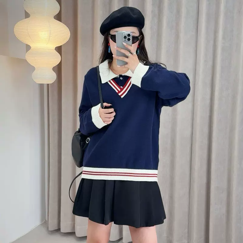 双天2025秋季新款胖MM大码女装针织衫学院风衬衫领假两件毛衣F602