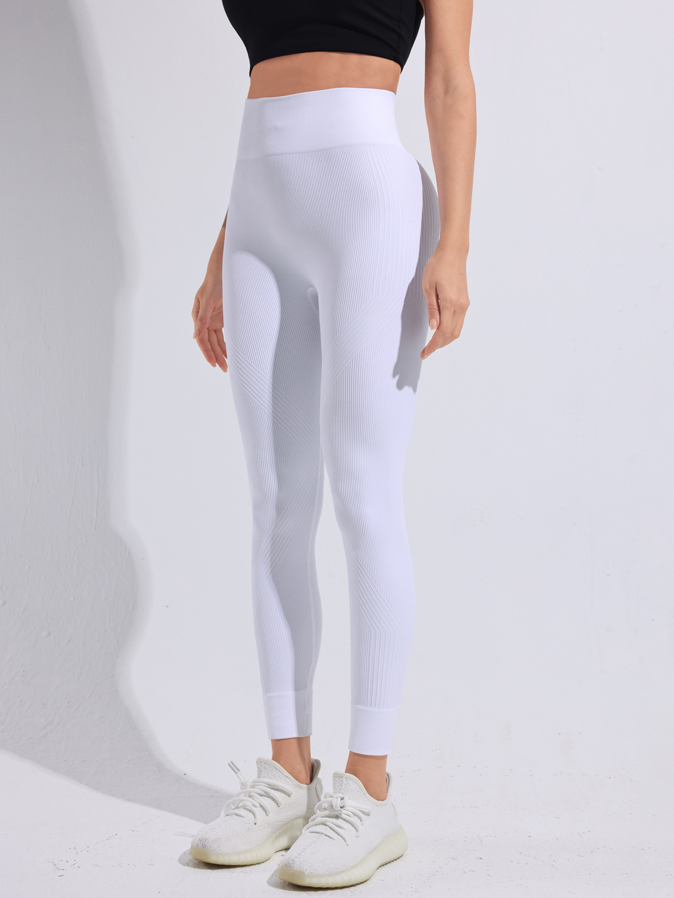 Pantalones de yoga GYM a rayas blancas sin costuras, pantalones de fitness para correr con cadera y cintura alta para mujer, pantalones de fondo para deportes al aire libre