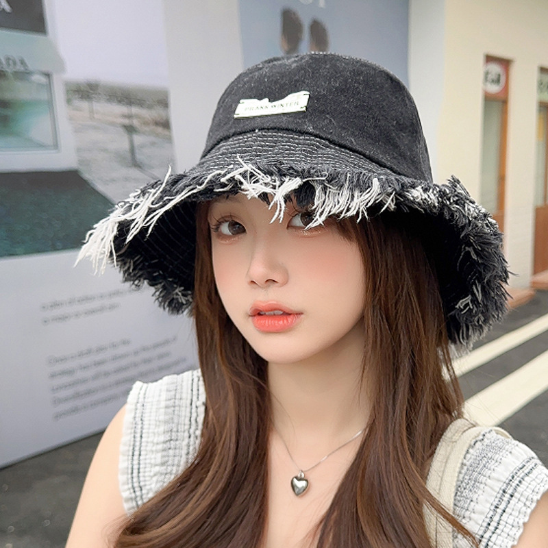 春夏季水洗牛仔渔夫帽女百搭大檐毛边流苏休闲盆帽网红高颜值帽子|undefined