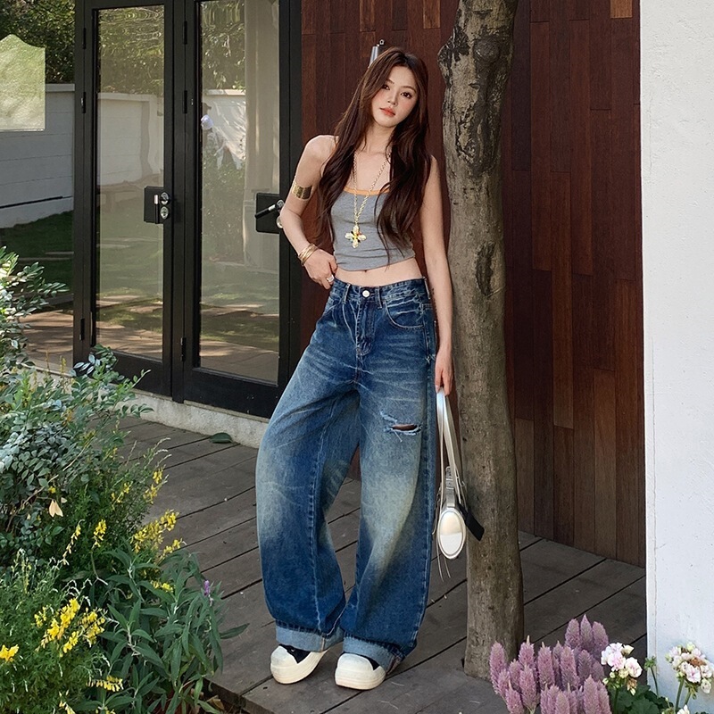 2026 Summer New Trendy Ripped Loose Rolled Hem Vintage Blue Classic Heavy Washed Denim Relaxed Wide-Leg Pants