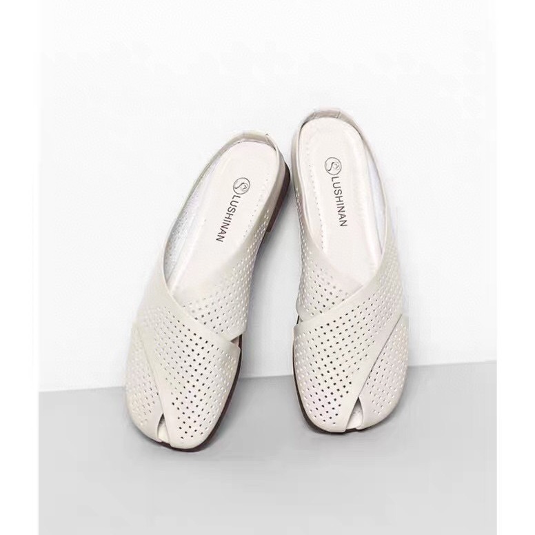 Dép sục da mềm nữ đế bằng mũi nhọn Quảng Châu — Màu đen, Màu trắng be, Màu Kaki