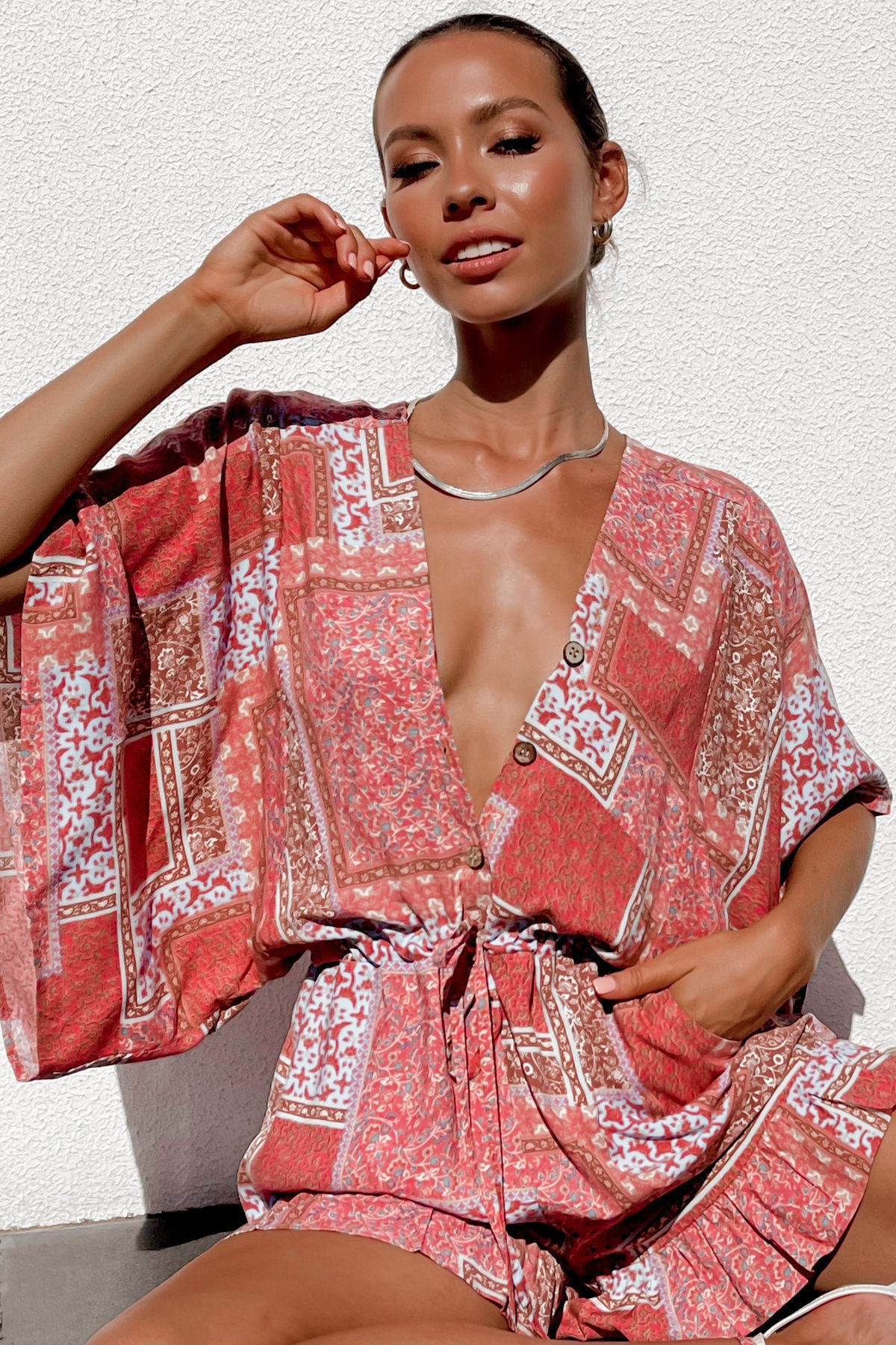 Summer Women Clothing Printed V Neck Ruffled Short Sleeves Loose Casual Jumpsuit