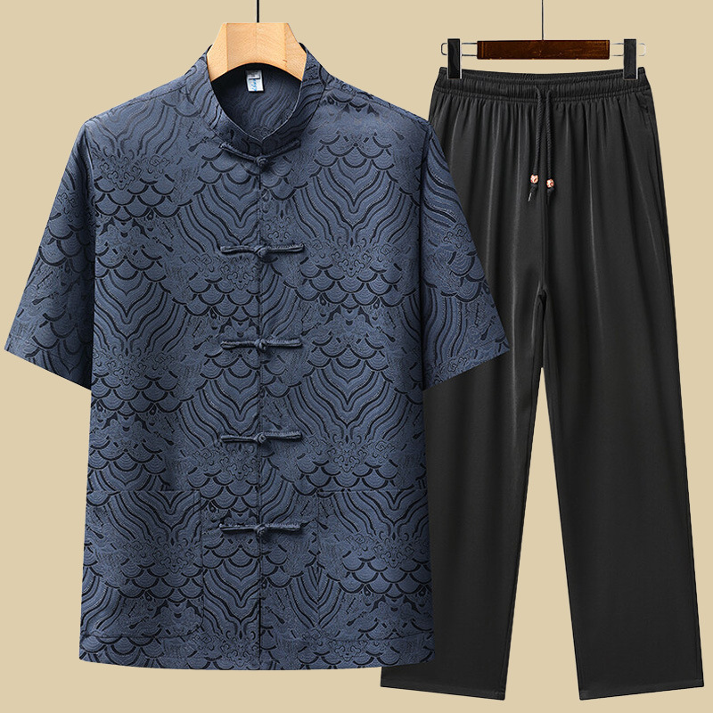 New Tang Clothes Men's Middle-aged and Elderly Mulberry Silk Grandpa Summer Clothes for the Elderly Chinese Clothes for Dad Ice Silk Short-sleeved suit New Tang Clothes Men's Middle-aged and Elderly Mulberry Silk Grandpa Summer Clothes for the Elderly Chinese Clothes for Dad Ice Silk Short-sleeved suit