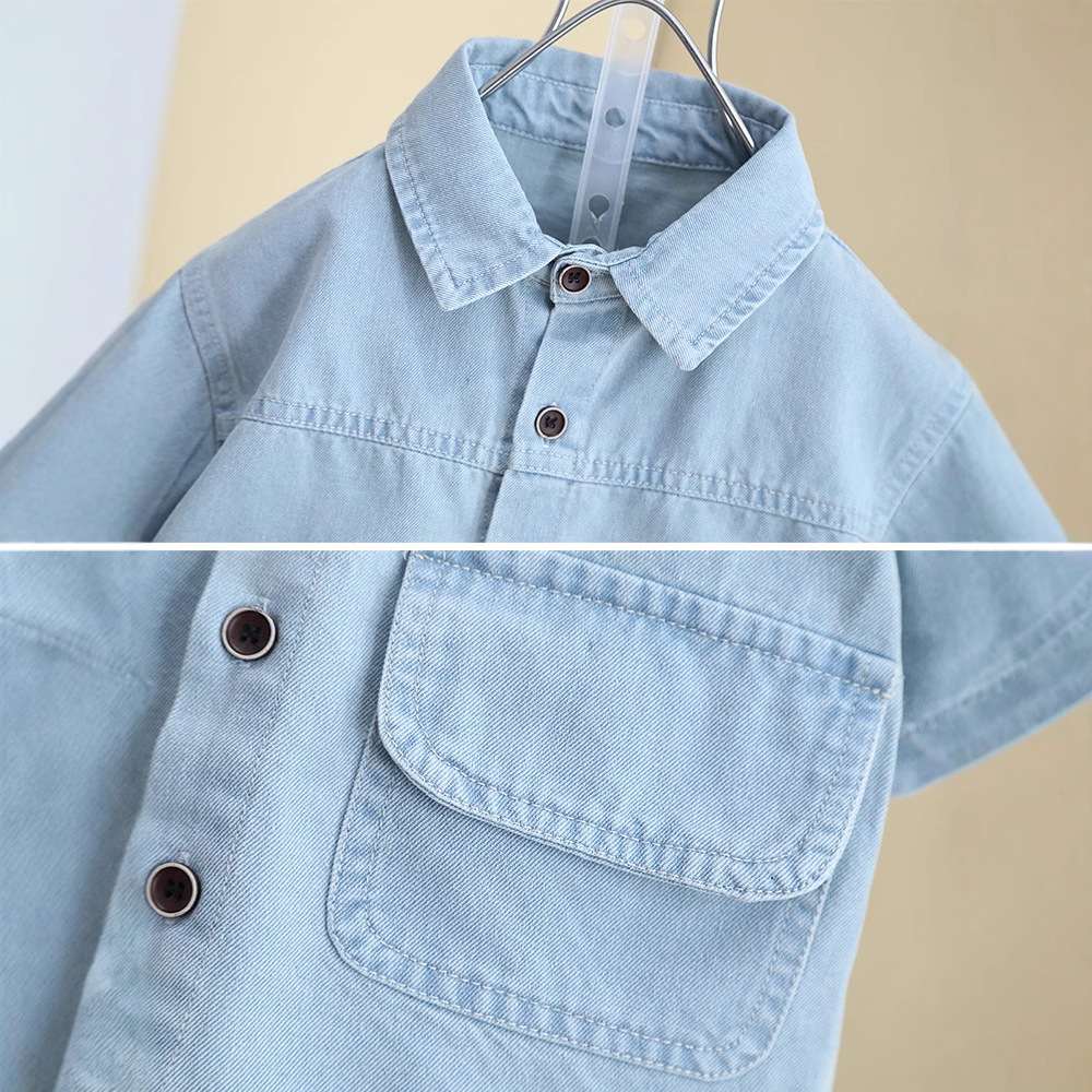 8088 traje de verano para niños 2025 nuevo traje de manga corta de mezclilla de moda para niños ropa fina de verano para bebés