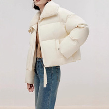 朗家女装2025冬季新款休闲宽松复古白鸭绒拉链大翻领羽绒服外套