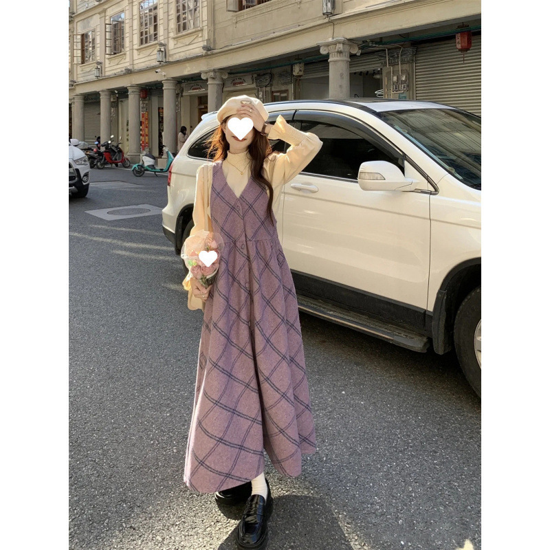 套装女秋冬新款温柔风v领紫色格纹毛呢背心裙收腰长裙泡泡袖上衣|undefined
