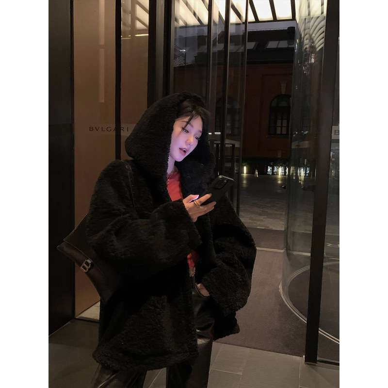 2539 #   【特別オファー！ 】Ouyang ラムウール フード付き厚手のファーワンピースコート|undefined
