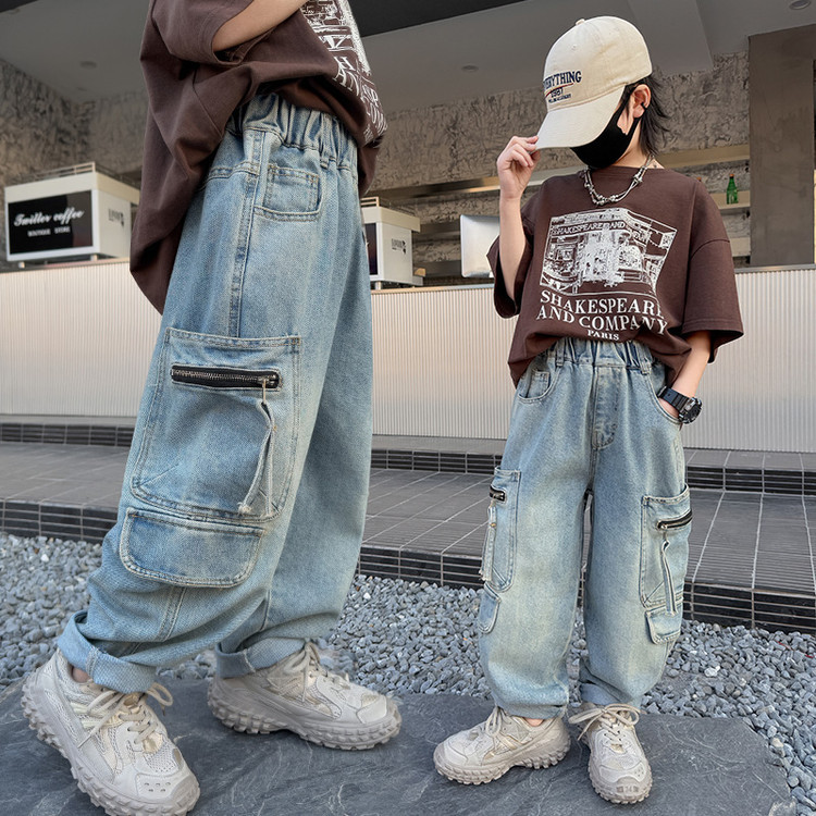 A502 Boys Denim Pocket Zipper Workwear Wide Leg Pants New Children's Miscellaneous European And American Jeans_voghion.com