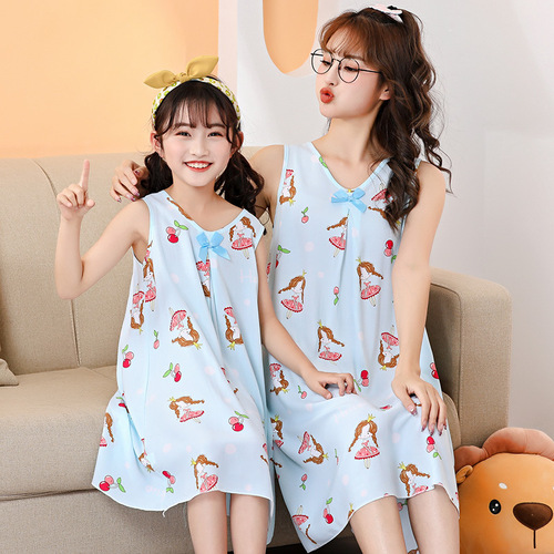 Children's and Parent's Pajama Set with Cotton Satin Home Dress Print T-shirt Style Slipping Pajama for Toddlers
