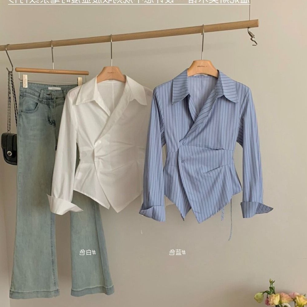 plus size design irregular waist slim striped shirt women's 2024 new elegant lapel long sleeve shirt