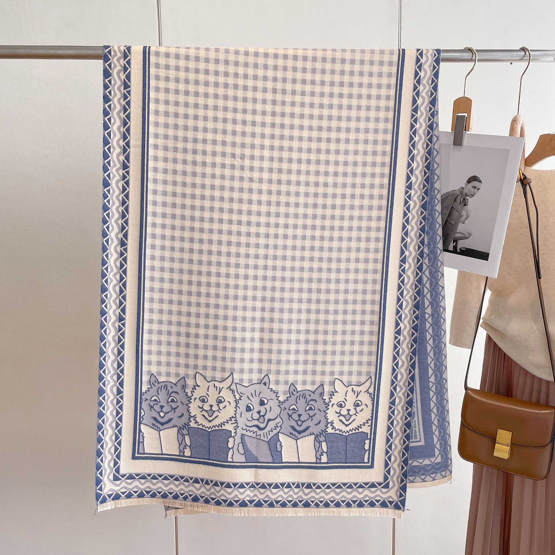 2023 nuevo estilo coreano versátil bufanda engrosada chal otoño e invierno cálido cachemir-como plaid gatito impreso bufanda para mujeres
