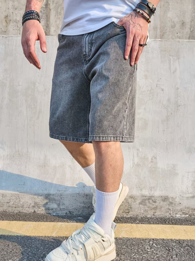 Heren denim shorts stone washed relaxed fit rechte broekspijp_voghion.com