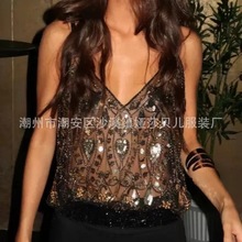跨境重工亮片钉珠吊带内搭性感显瘦V领背心小众纯欲风2025年新款