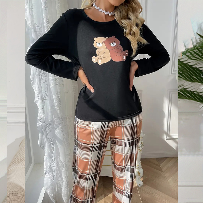 Transfronterizo Amazon AliExpress Ropa a domicilio europea y americana Conjunto de pijamas de otoño e invierno Pantalones a cuadros estampados de manga larga de dos piezas