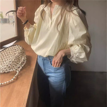 实拍 韩版法式花边拼接宽松套头长袖衬衫纯色女装春秋季新款 2色