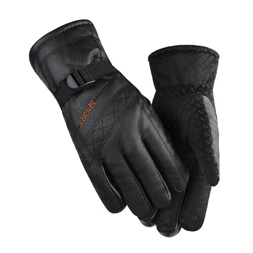 Men's winter motorbike gloves with plush lining, thick insulation, windproof, cold-resistant, anti-slip PU leather outdoor riding large cotton gloves